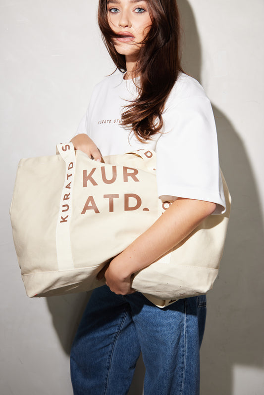 Varsity Tote Bag - Cream/Brown