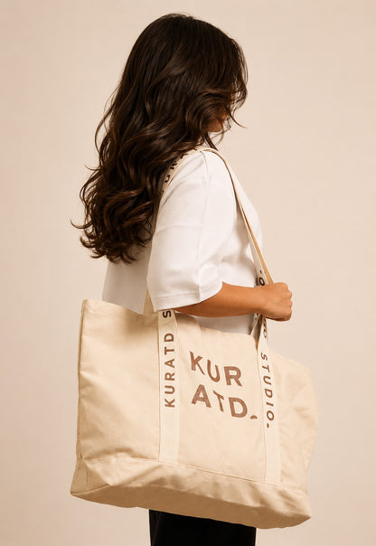 Varsity Tote Bag - Cream/Brown