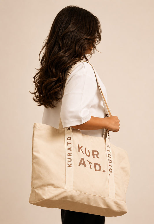Varsity Tote Bag - Cream/Brown